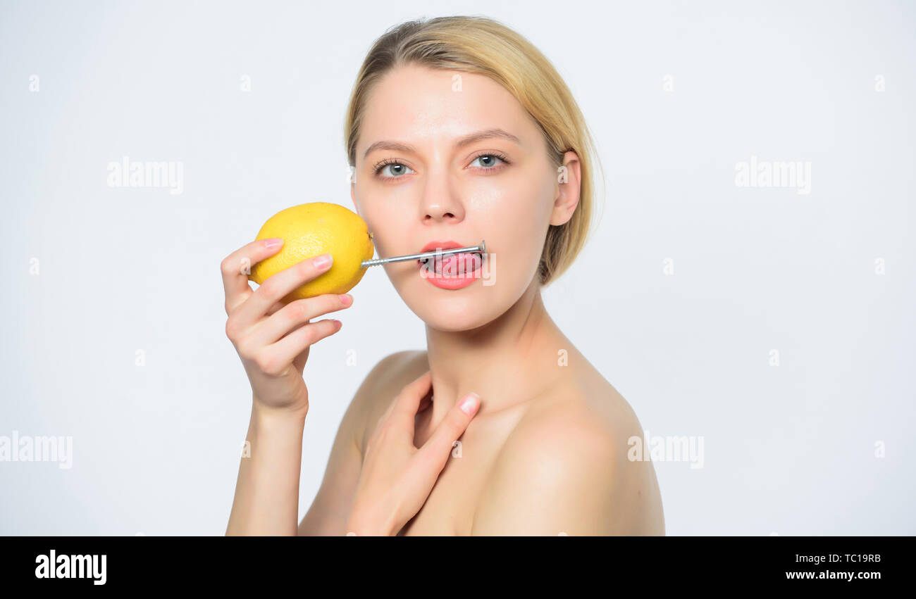 Energy recharge. Girl drink fresh juice lemon. Healthy lifestyle