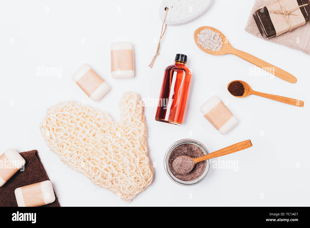 Natural beauty products to cleanse and exfoliate body skin next to