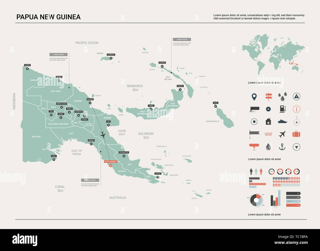 Vector map of Papua New Guinea. Country map with division, cities and capital Port Moresby. Political map,  world map, infographic elements. Stock Vector