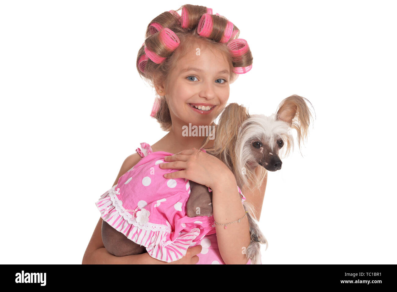 Portrait of happy little pretty girl on white background Stock Photo ...