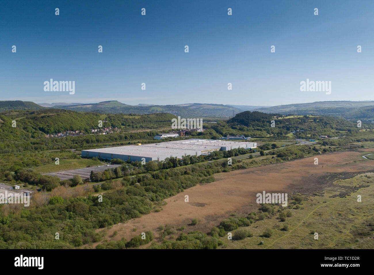 An aerial view of the Amazon warehouse / order fullfillment centre, Fabian Way, Swansea, South