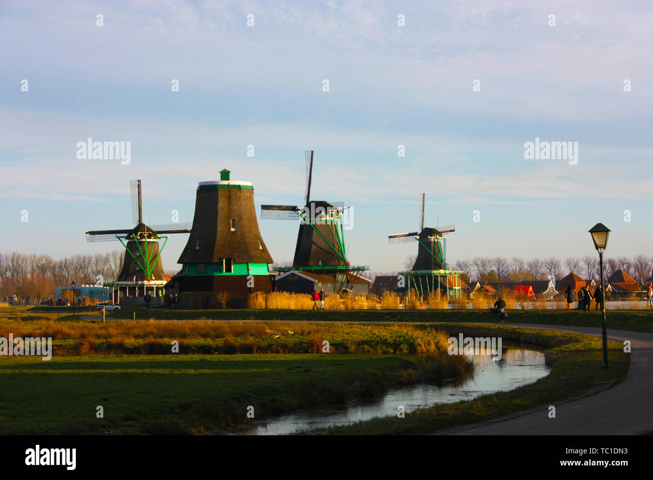 the famous Zaanse Scans mills in Zaandam, on the Zaan river. famous holland attraction, windmills. Stock Photo
