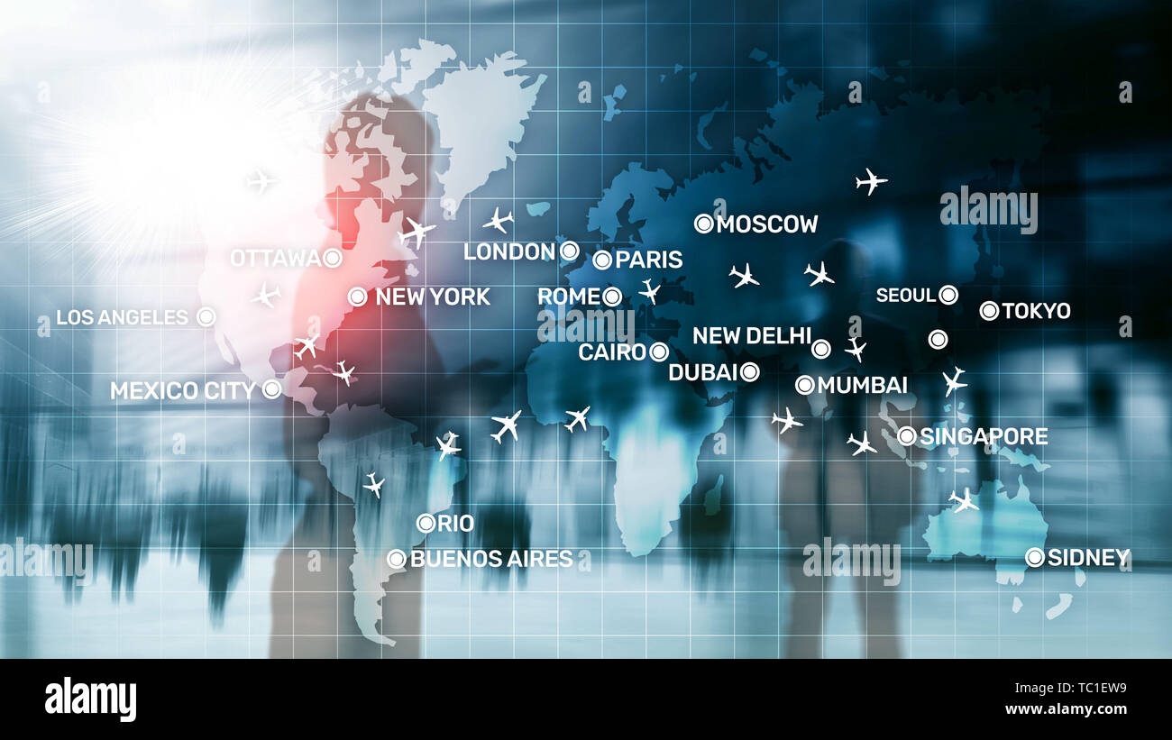 Global Aviation Abstract Background with planes and city names on a map. Business Travel Transportation concept. Stock Photo
