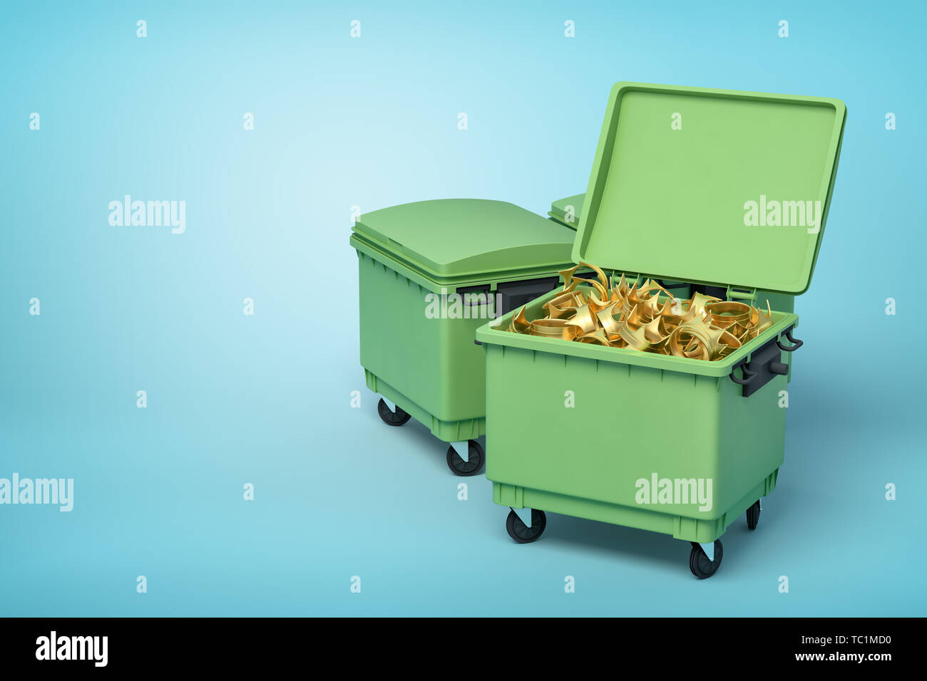 3d rendering of green trash bins with golden crowns inside on blue background Stock Photo