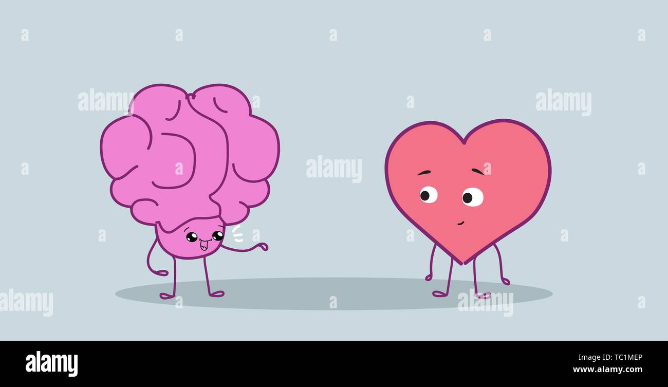 cute human brain and heart couple standing together logic and feel concept pink cartoon characters kawaii style horizontal Stock Vector