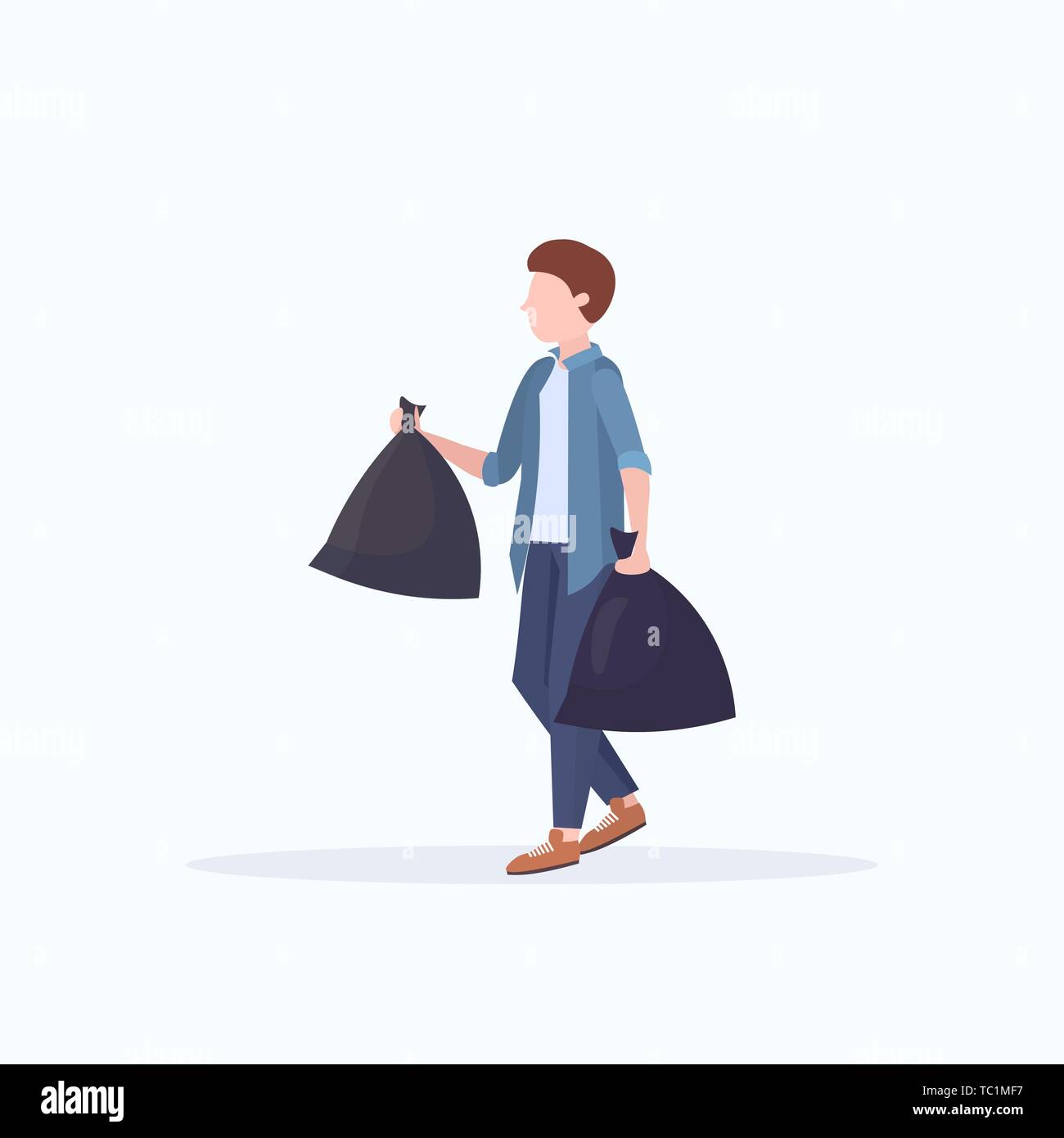 man holding two garbage bags young guy housework concept male cartoon ...