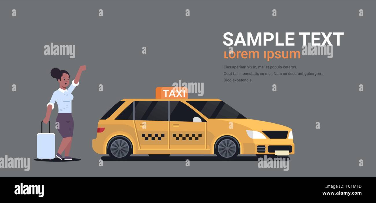 businesswoman catching taxi on street african american woman with luggage stopping yellow cab city transportation service concept copy space full Stock Vector