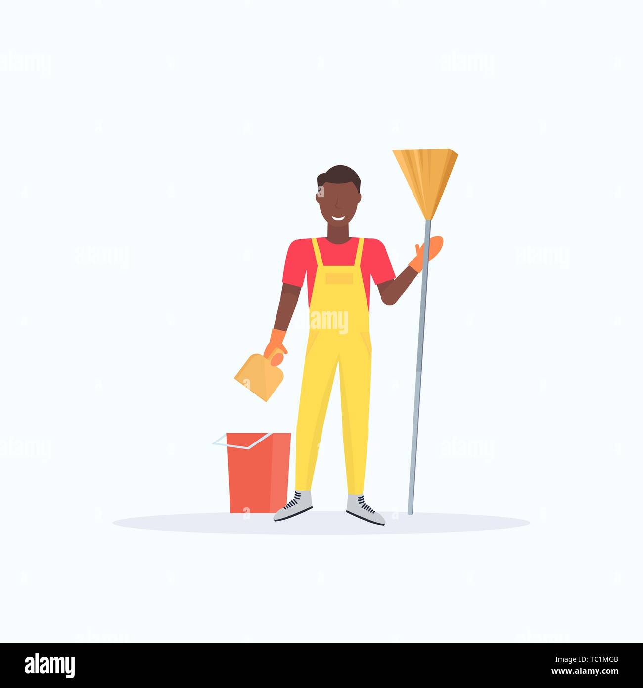 man holding broom african american guy cleaner sweeping floor cleaning