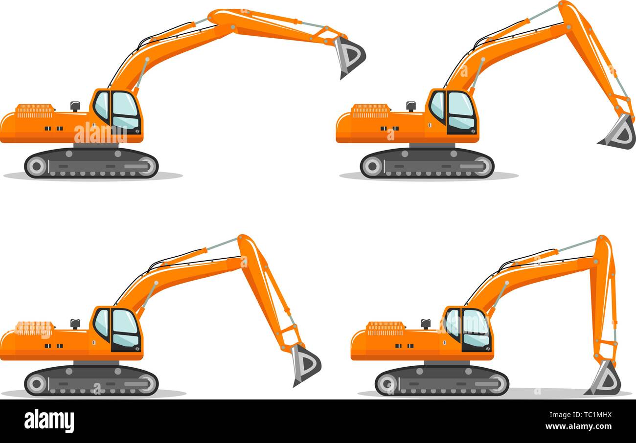 Excavator with different boom position. Detailed illustration of heavy mining machine and construction equipment. Vector illustration. Stock Vector