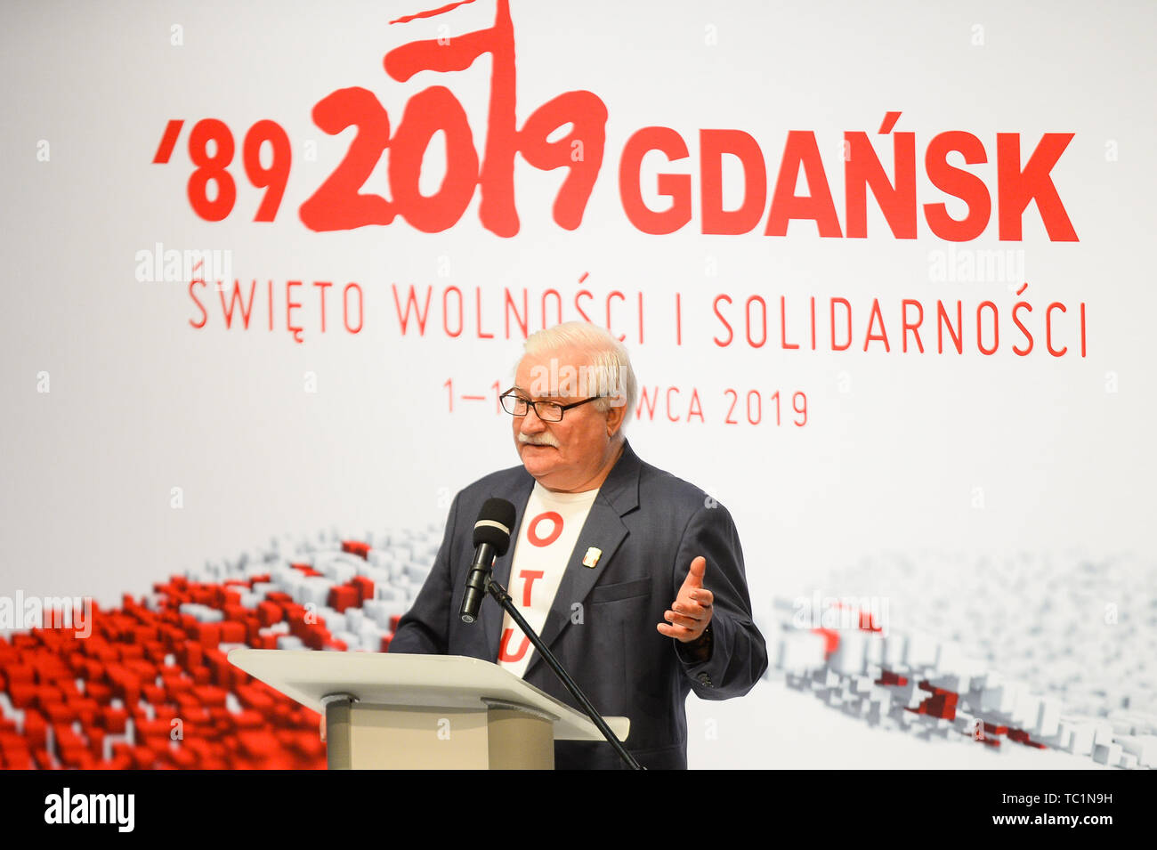 Former President of Poland Lech Walesa speaks about 30 years of Polish democracy on Freedom and Democracy days in Gdansk. Gdansk, in the 1980s became the birthplace of the Solidarity movement, which brought an end to Communism in Poland and played a huge part to end the Soviet Union. On June 04, 1989, the first free elections in the country took place since 1928, and the first since the communist era. Stock Photo