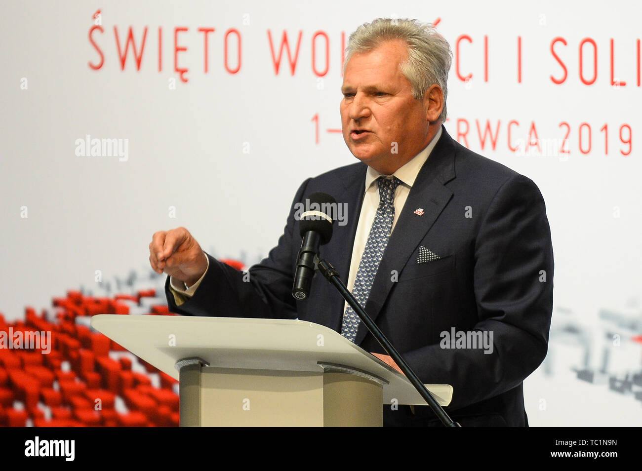 Former President of Poland, Aleksander Kwasniewski speaks about 30 years of Polish democracy on Freedom and Democracy days in Gdansk. Gdansk, in the 1980s became the birthplace of the Solidarity movement, which brought an end to Communism in Poland and played a huge part to end the Soviet Union. On June 04, 1989, the first free elections in the country took place since 1928, and the first since the communist era. Stock Photo