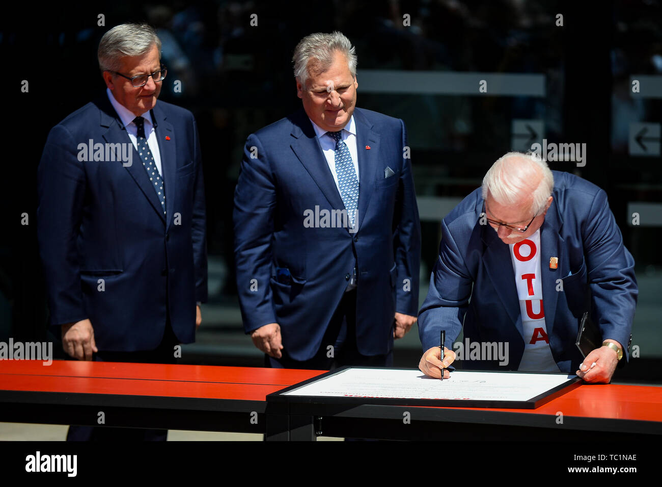 Former Presidents of Poland Bronislaw Komorowski (L), Aleksander Kwasniewski (C) and Lech Walesa (R) are seen during Freedom and Solidarity Days in Gdansk. Gdansk, in the 1980s became the birthplace of the Solidarity movement, which brought an end to Communism in Poland and played a huge part to end the Soviet Union. On June 04, 1989, the first free elections in the country took place since 1928, and the first since the communist era. Stock Photo