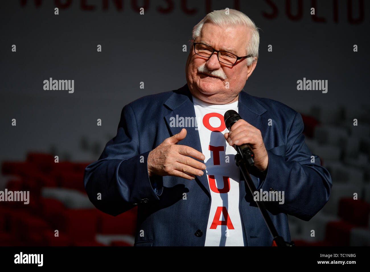 Lech Walesa speaks during mass meeting of Freedom and Solidarity Days in Gdansk. Gdansk, in the 1980s became the birthplace of the Solidarity movement, which brought an end to Communism in Poland and played a huge part to end the Soviet Union. On June 04, 1989, the first free elections in the country took place since 1928, and the first since the communist era. Stock Photo