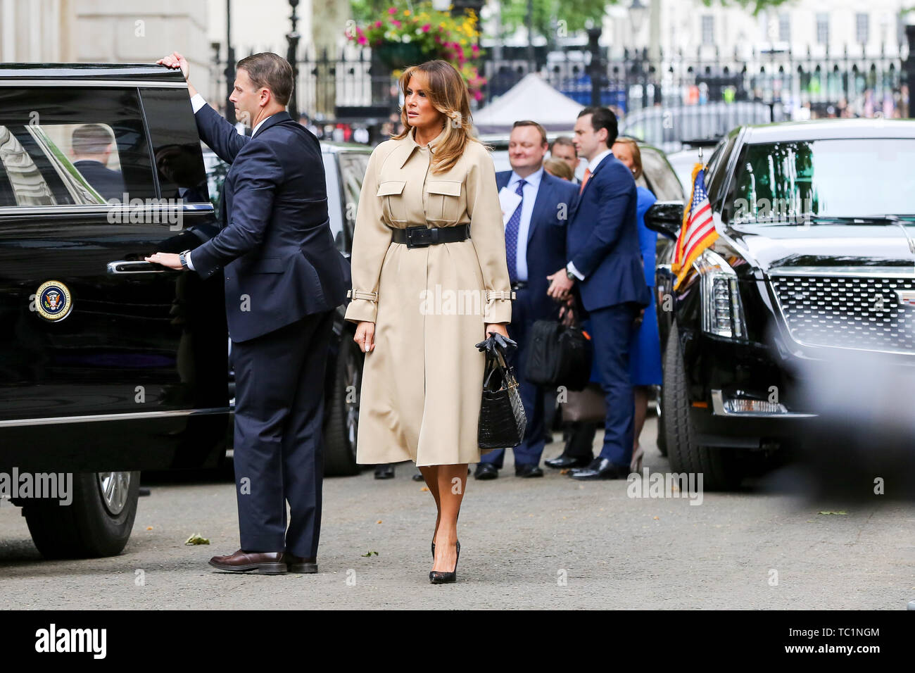 First Lady Melania Trump arrives at Downing Street during the second day of the State Visit to the UK. Stock Photo