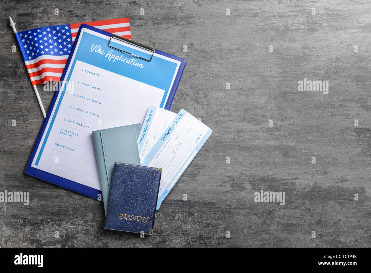 Visa flag on table application form, documents ... USA and flag on and ... application form, table USA Visa documents