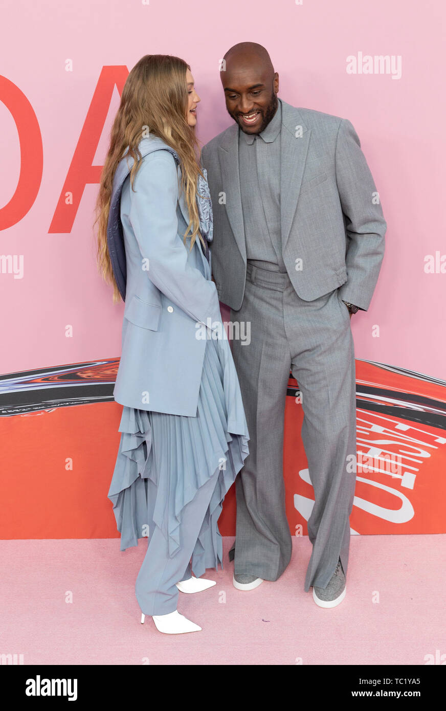 Gigi Hadid wearing dress by Off-White and Virgil Abloh attend 2019