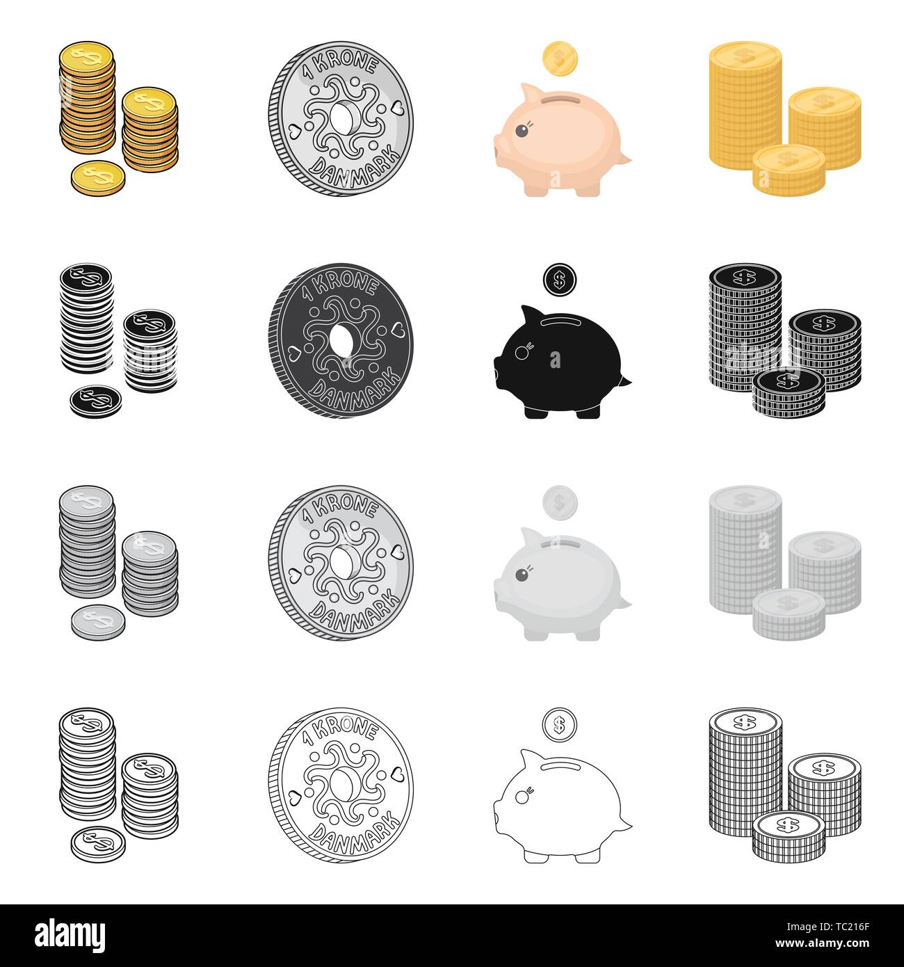 Vector illustration of coin and treasure icon. Collection of coin and ...