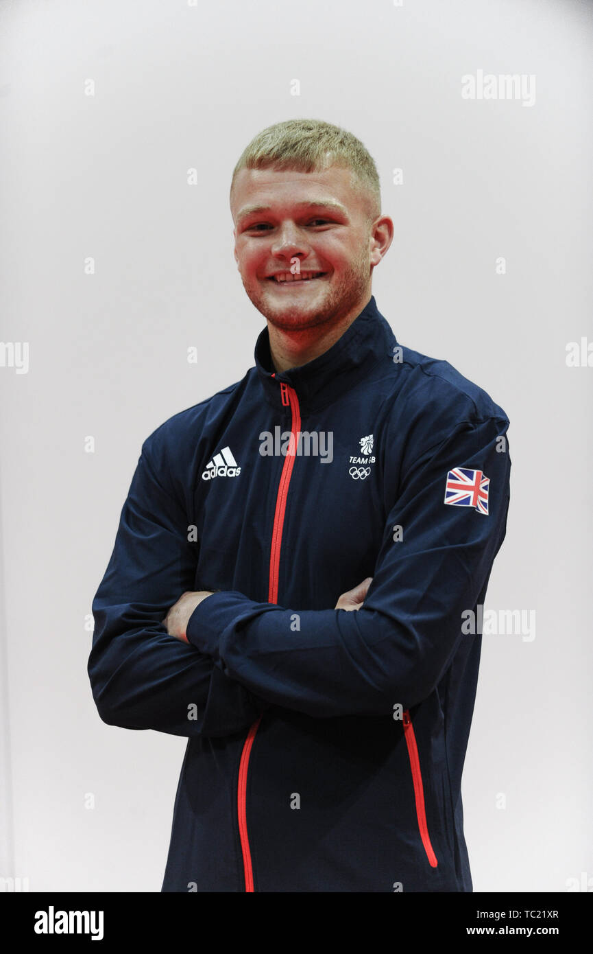 Callum French during the kitting out session for the 2019 Minsk European Games at the Birmingham NEC. Stock Photo