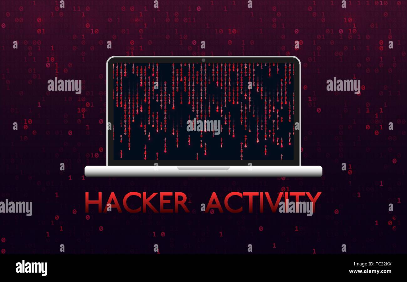 Hacker activity concept. Hacked laptop on red binary background. Malware design with matrix backdrop. Mining of cryptocurrency. Hacker attack Stock Vector