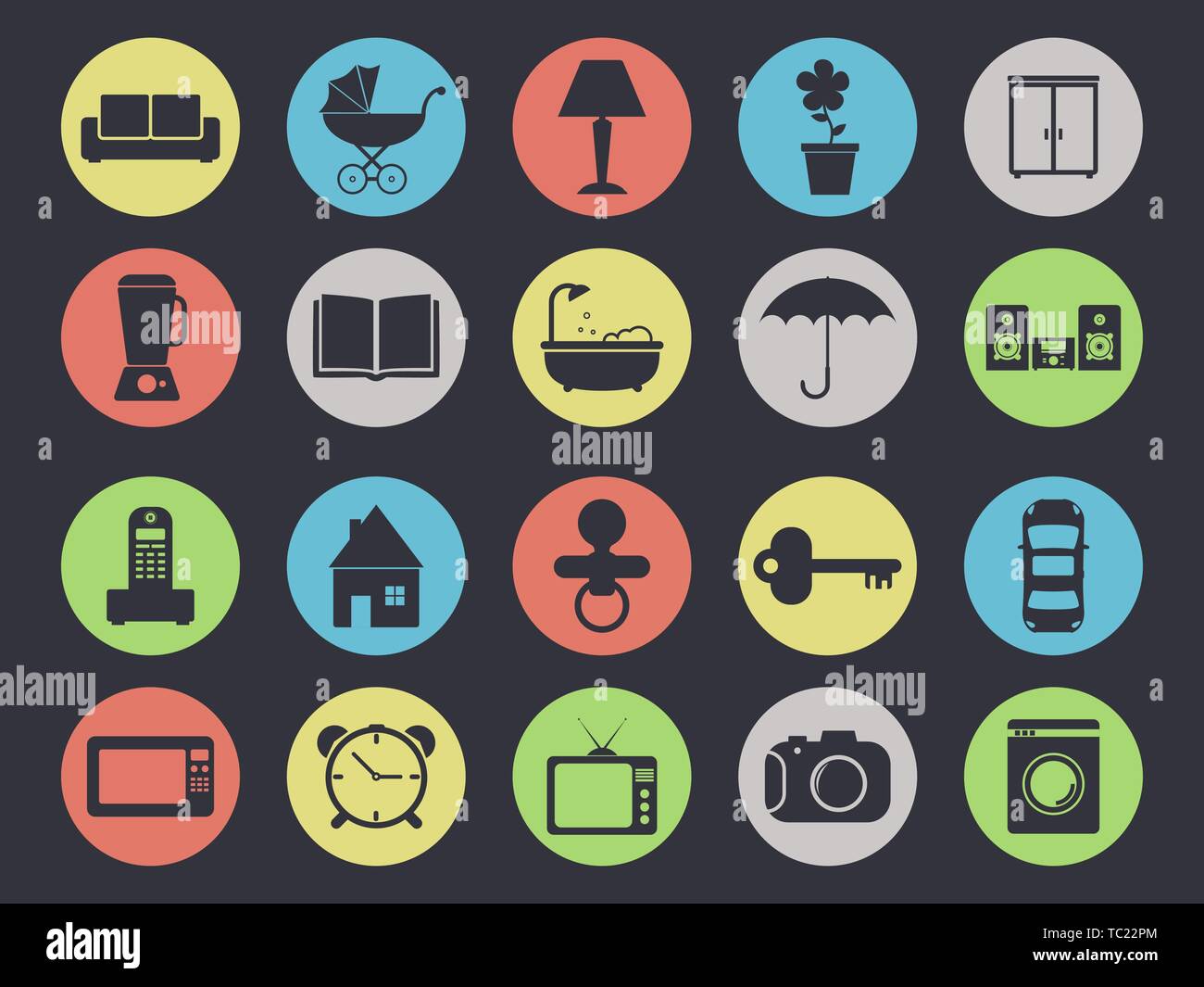 Household appliances and furniture icon set isolated on black Stock Vector