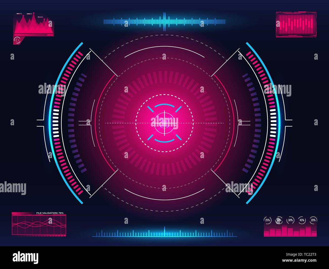 Aim system. Modern aiming concept. Futuristic HUD interface with bright infographic elements. Weapon crosshair template. Game element design Stock Vector