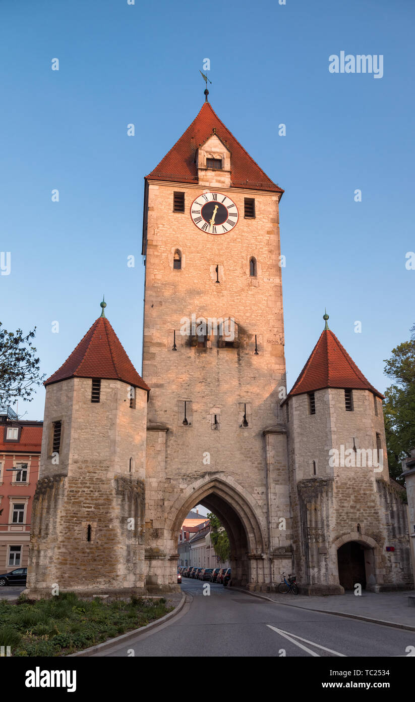 Ostentor East town gate in the old town of Regensburg, Bavaria, Germany. Regensburg in one of most popular travel destinations in Germany. The medieva Stock Photo