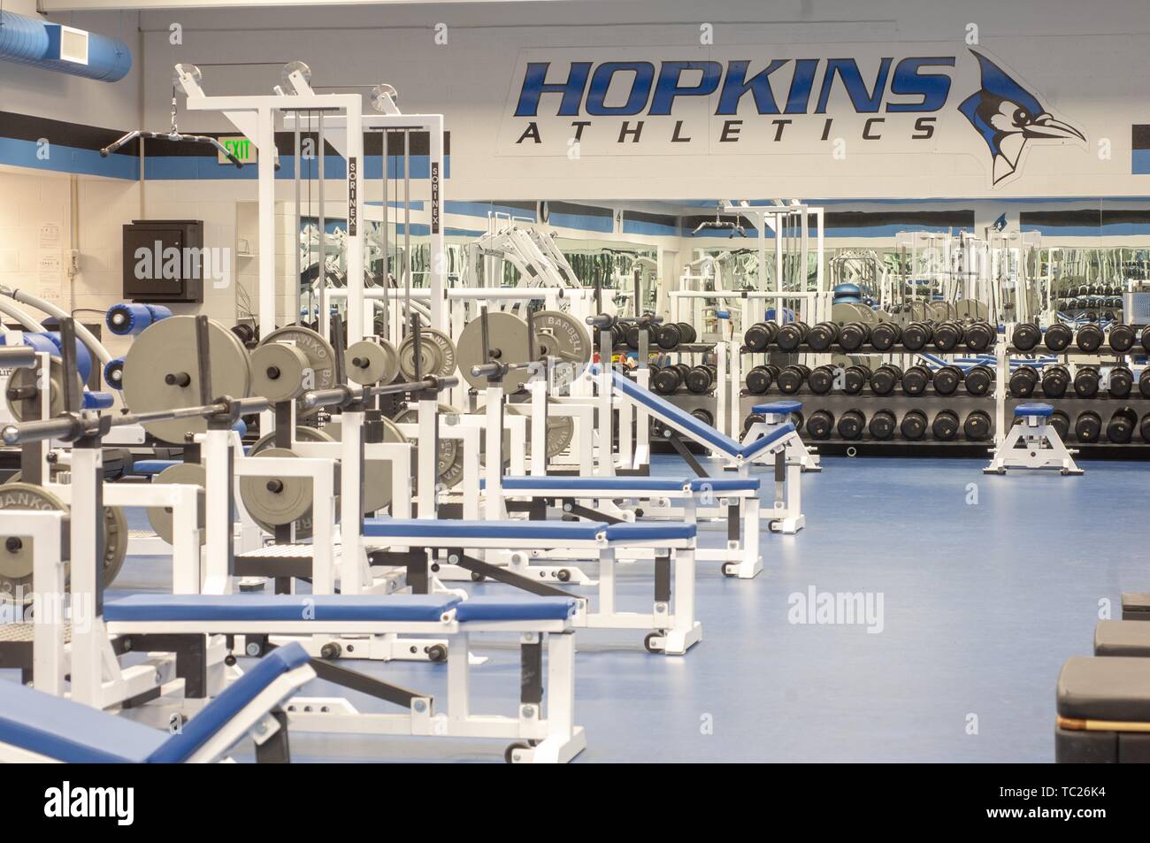 A row of bench presses, several tiers of weights, and other fitness machines and equipment inside a Johns Hopkins University gym, Baltimore, Maryland, February 22, 2006. From the Homewood Photography Collection. () Stock Photo