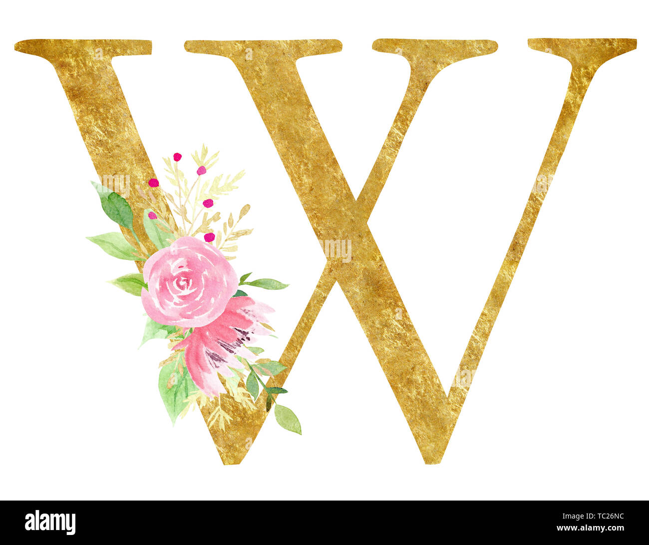 W letter with flower buds raster illustration. Latin alphabet initial sign with beautiful blossom watercolor painting. Vintage logotype isolated desig Stock Photo