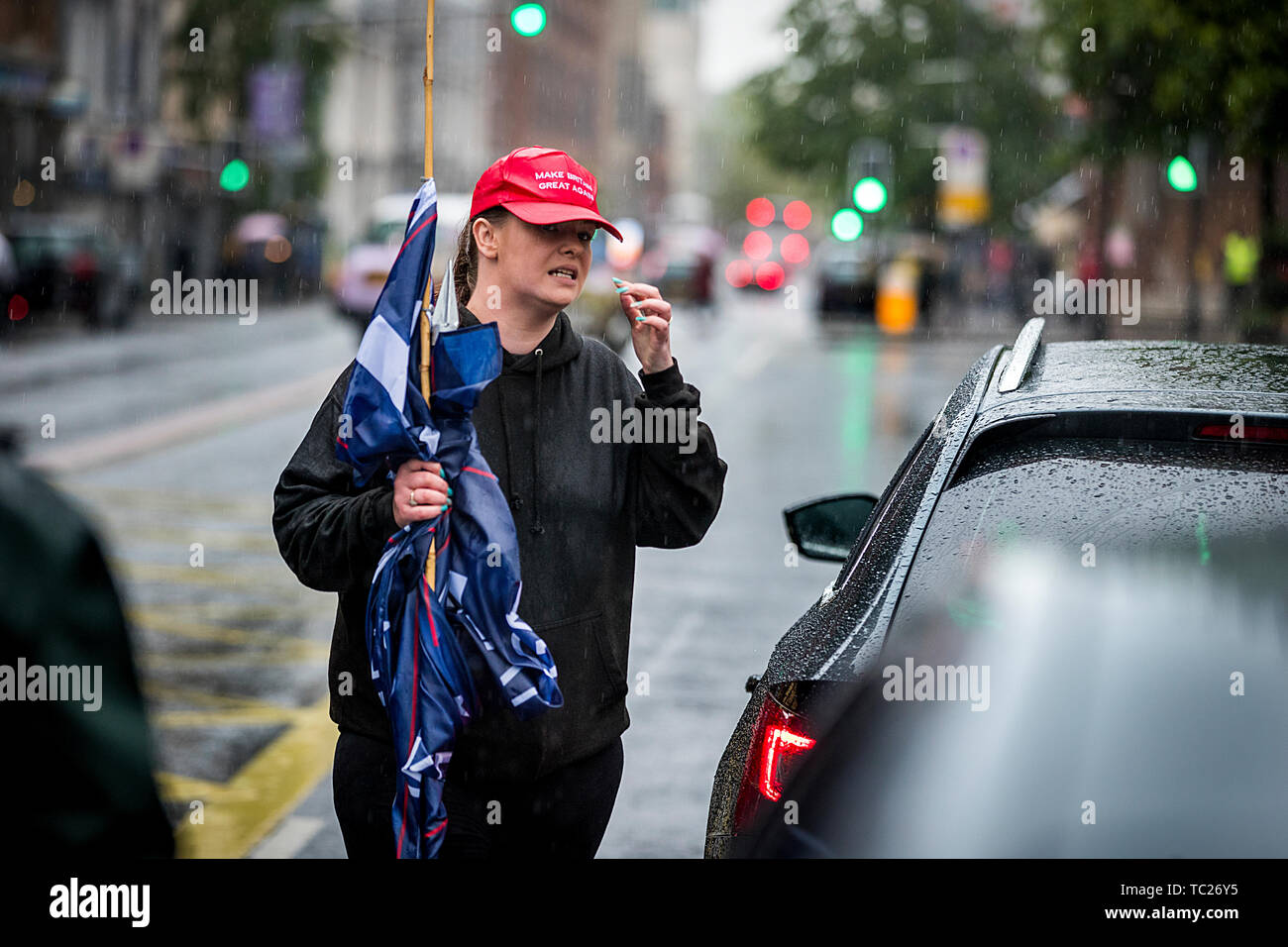 Former Belfast Councillor Jolene Bunting during a corner protest at a 'Stop Trumpism' rally hosted by ExAct: Expat Action Group NI, at Belfast City Hall. Stock Photo