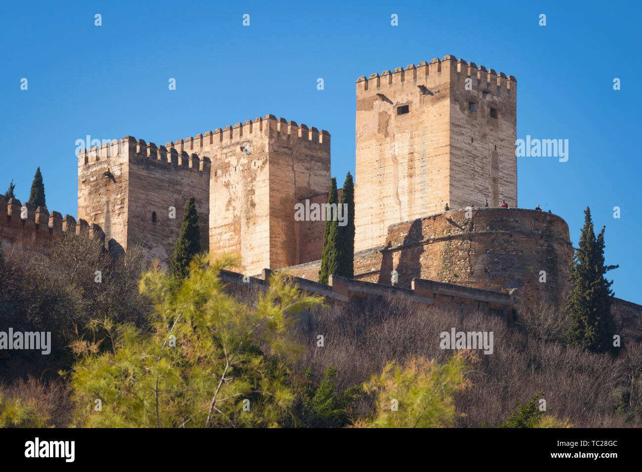 Looking up from the Darro to the Alcazaba, or Citadel of the Alhambra, Granada, Granada Province, Andalusia, southern Spain.  The Alhambra, Generalife Stock Photo