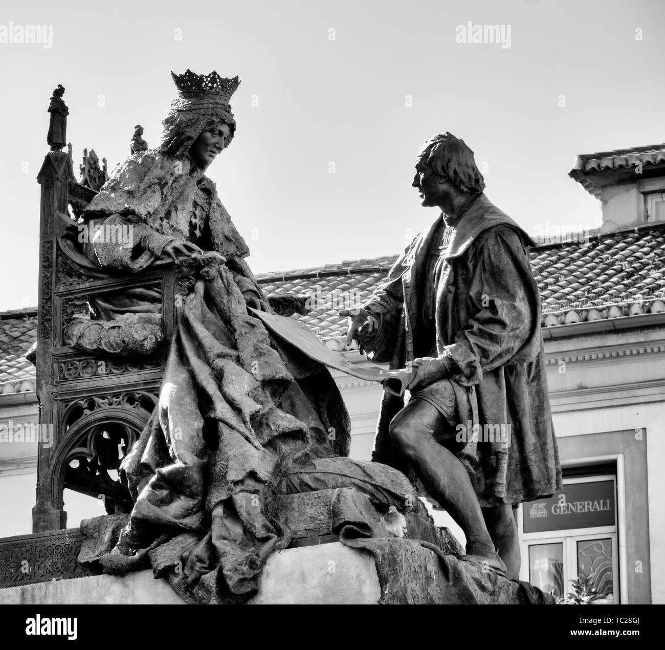 Monument to Queen Isabella and Columbus in the Plaza Isabel la Catolica, Granada, Granada Province, Andalusia, southern Spain.  The statue, by Spanish Stock Photo