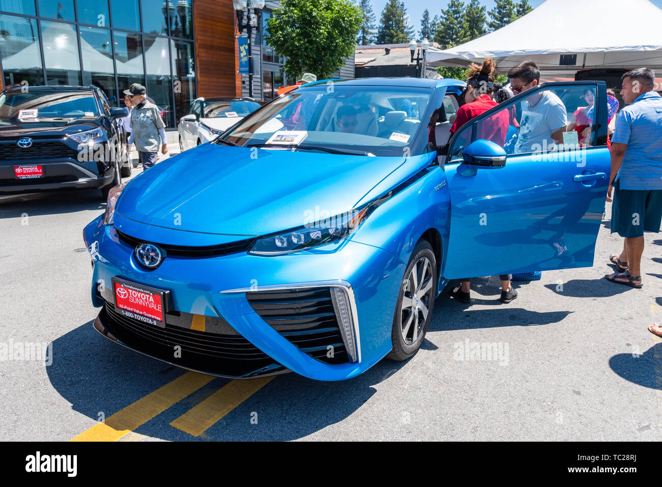 June 2, 2019 Sunnyvale / CA / USA - The Toyota Mirai fuelcell car (a mid-size hydrogen fuel cell car manufactured by Toyota) on display in downtown Su Stock Photo