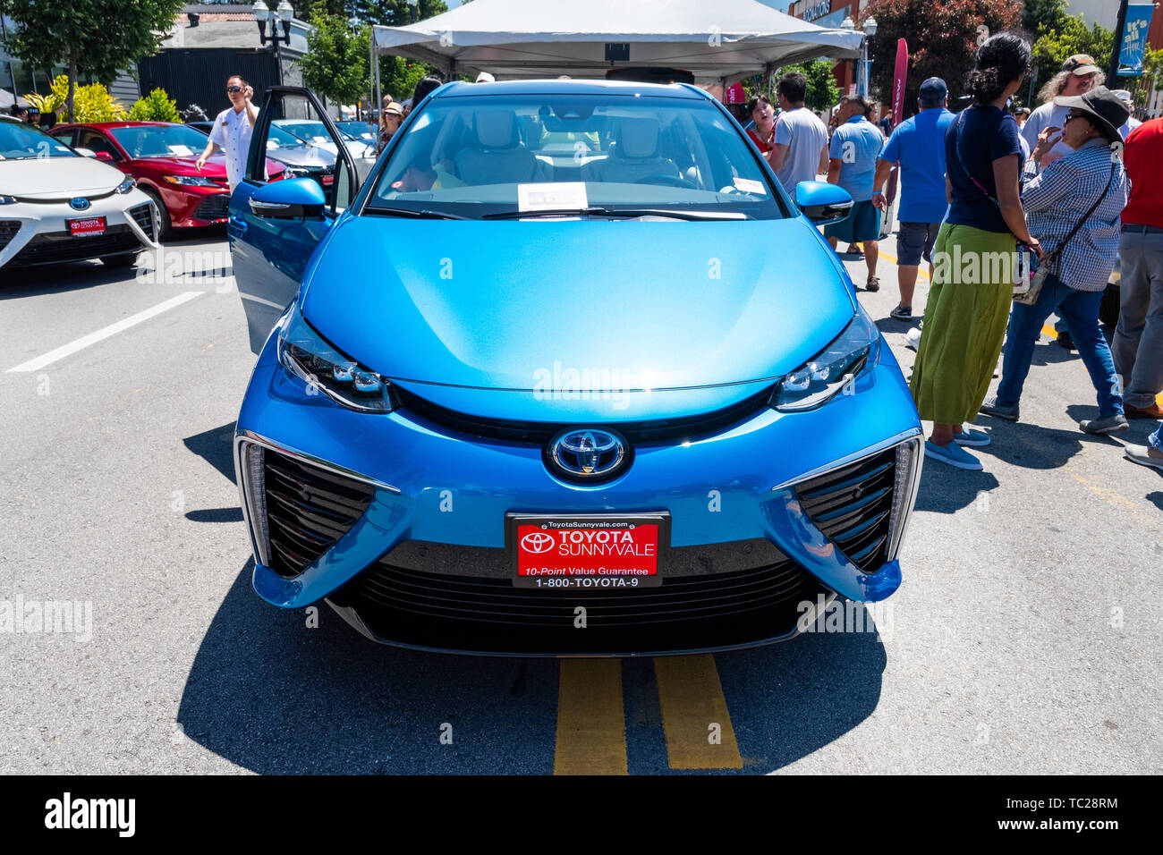 June 2, 2019 Sunnyvale / CA / USA - The Toyota Mirai fuelcell car (a mid-size hydrogen fuel cell car manufactured by Toyota) on display in downtown Su Stock Photo