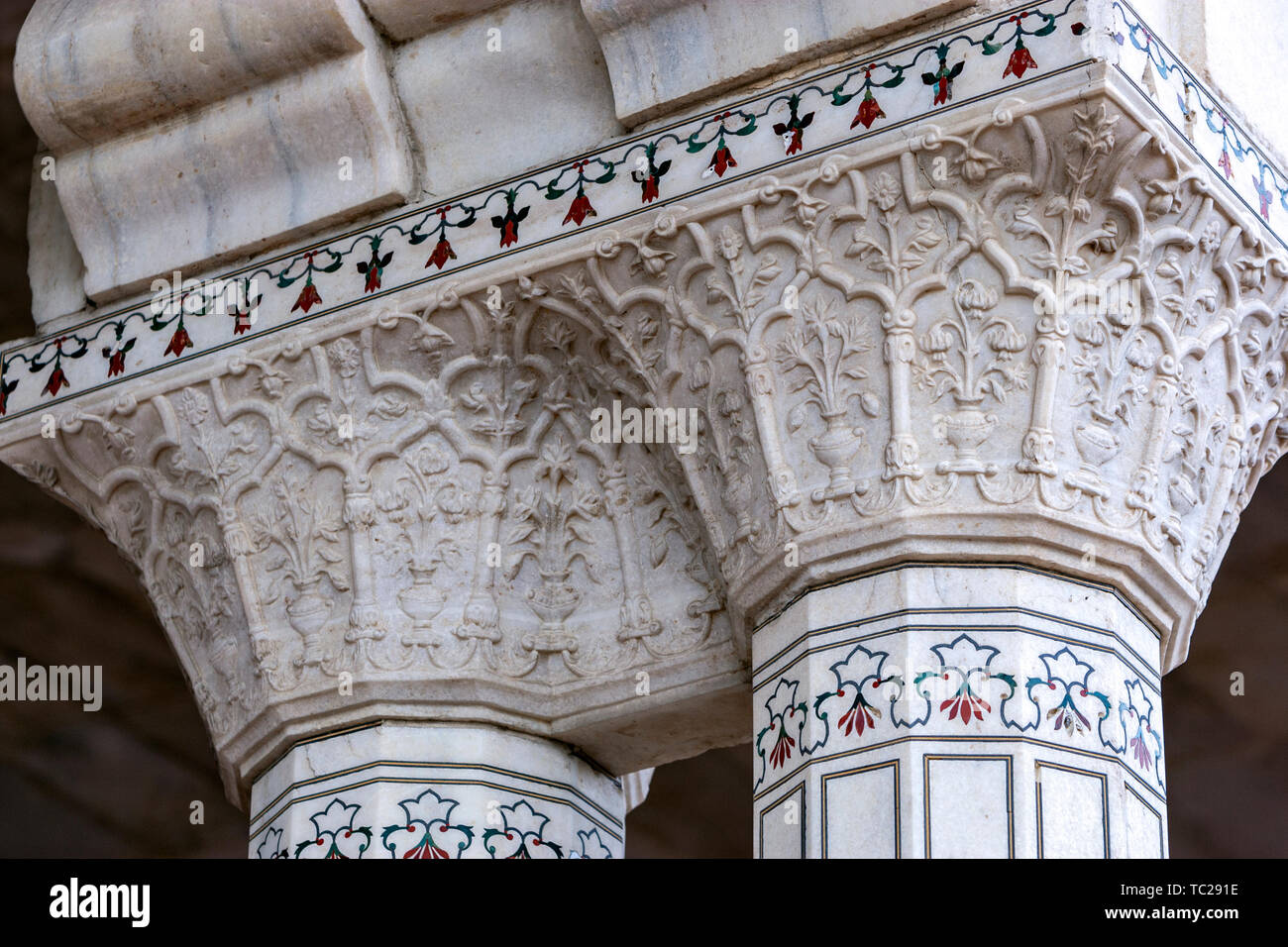 Marble column with carved capital in Agra Fort, Agra, Uttar Pradesh, North India Stock Photo
