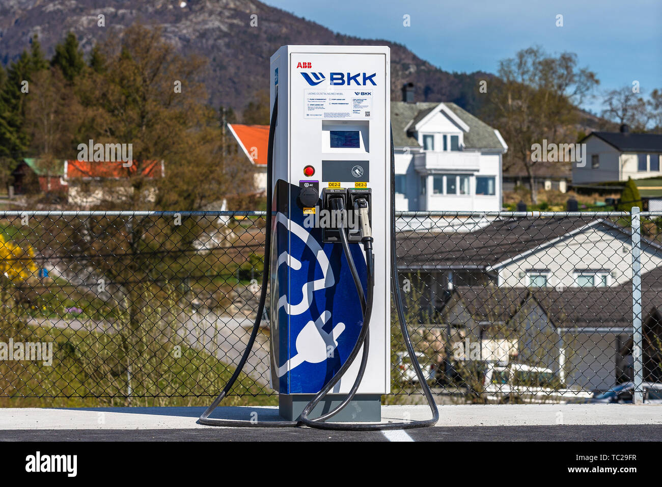 MONGSTAD, NORWAY APRIL 22, 2017 Modern electric car charging station
