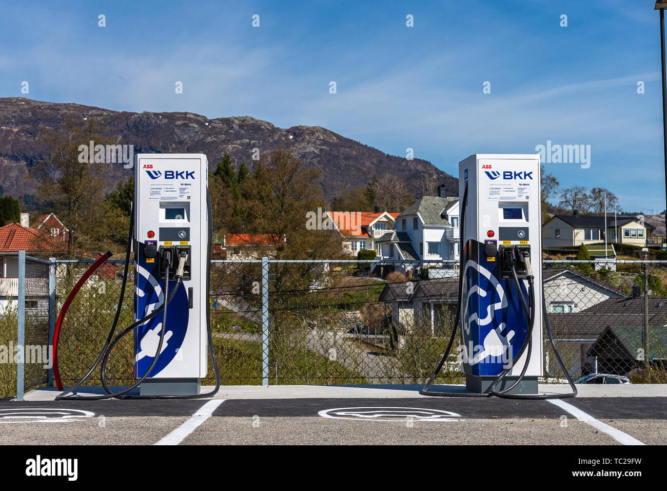 BERGEN, NORWAY APRIL 18, 2019 Modern electric car charging station