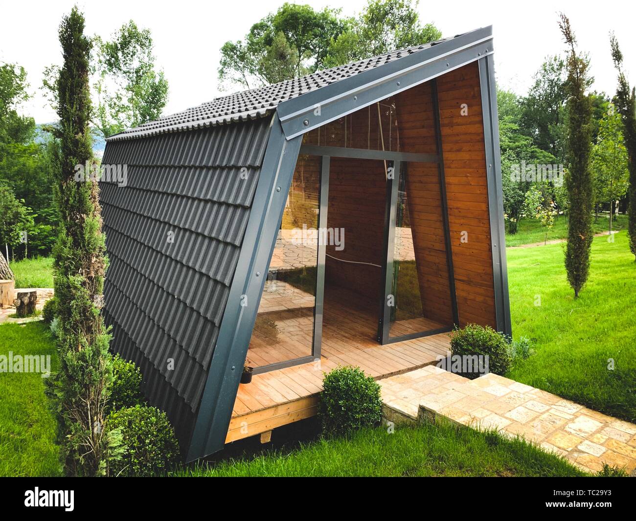 Small Wooden Cabin House Exterior Design Stock Photo 248372743