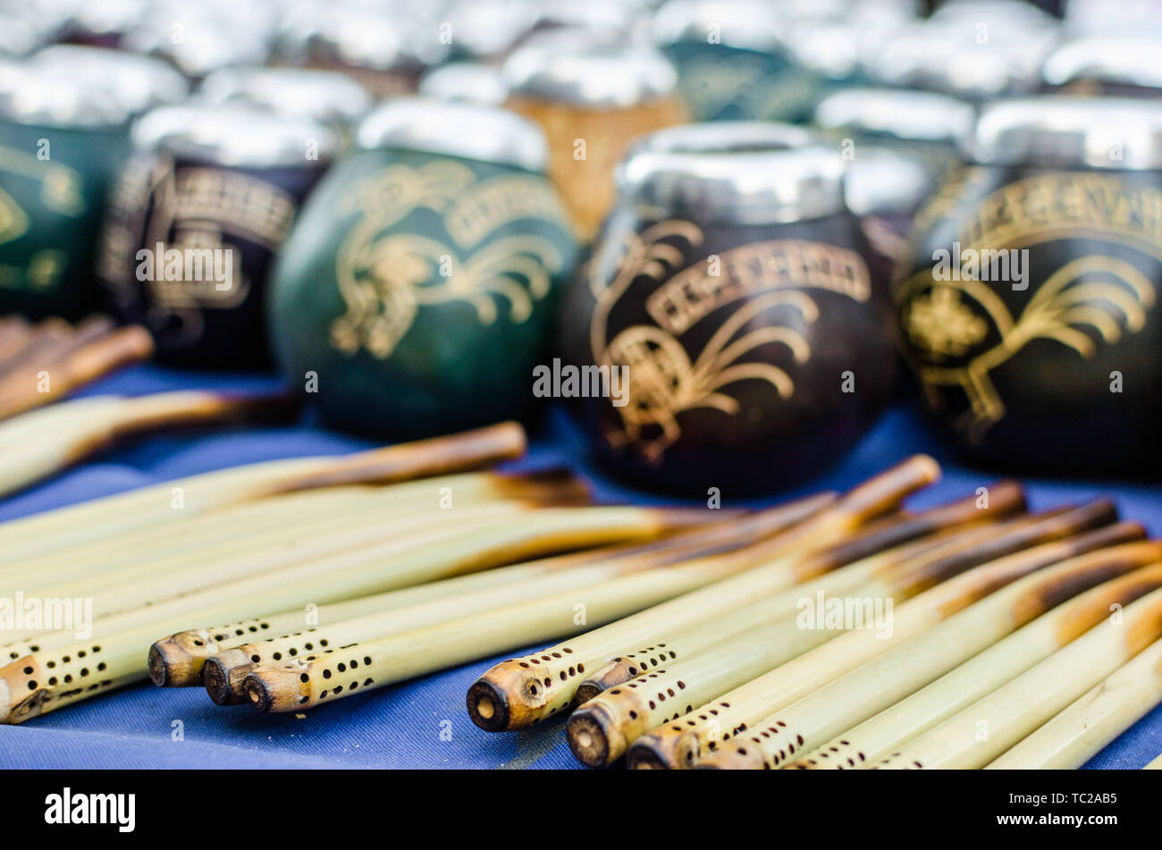 Calabash gourds for drinking Argentina yerba mate tea and bombilla straws Stock Photo