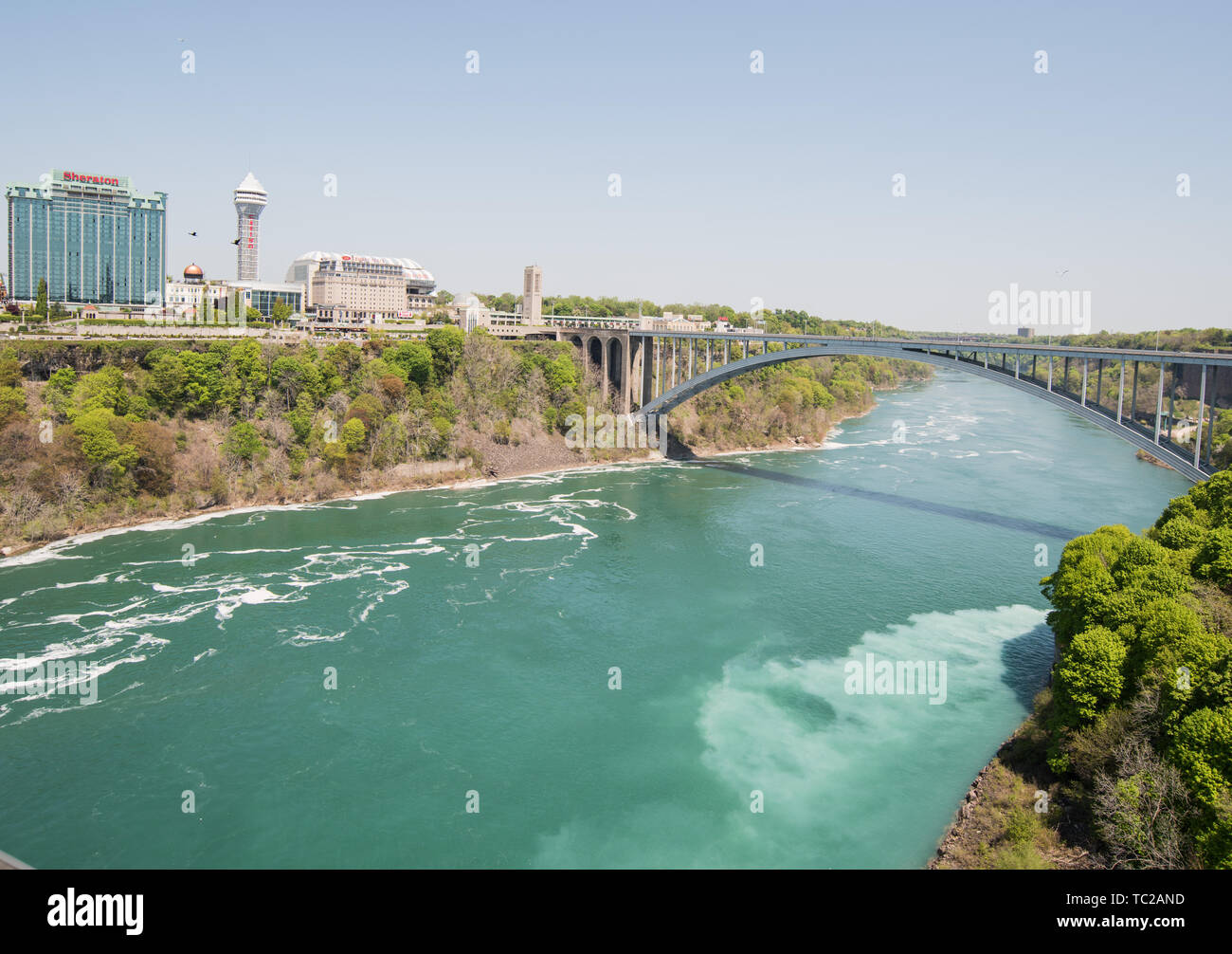 Rainbow bridge , Niagara seen from the American side with view of buildings on Canada side Stock Photo