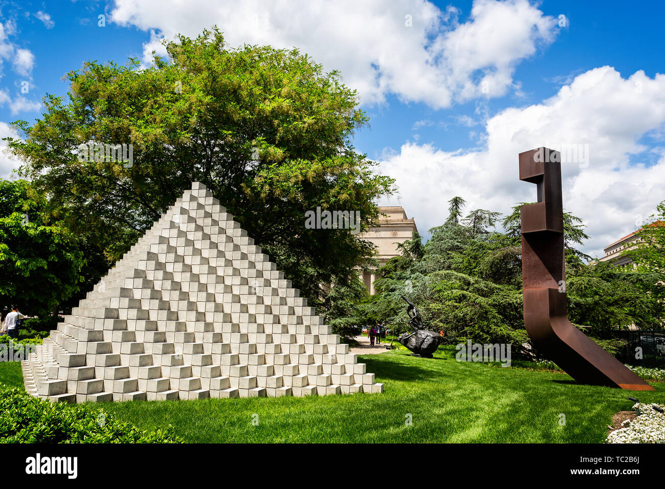 Sculpture titled 'Four-Sided Pyramid'  by Sol LeWitt on display in the National Gallery of Art Sculpture Garden in Washington, D.C. USA on 14 May 2019 Stock Photo
