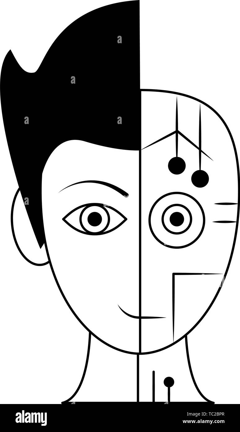 humanoid cyborg avatar cartoon character in black and white Stock Vector