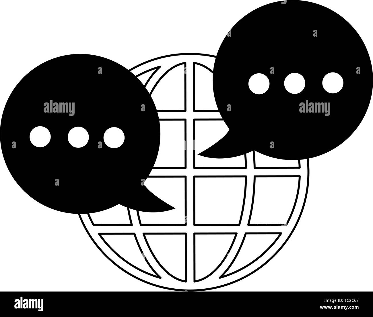 globe and speech bubble icon cartoon in black and white Stock Vector ...
