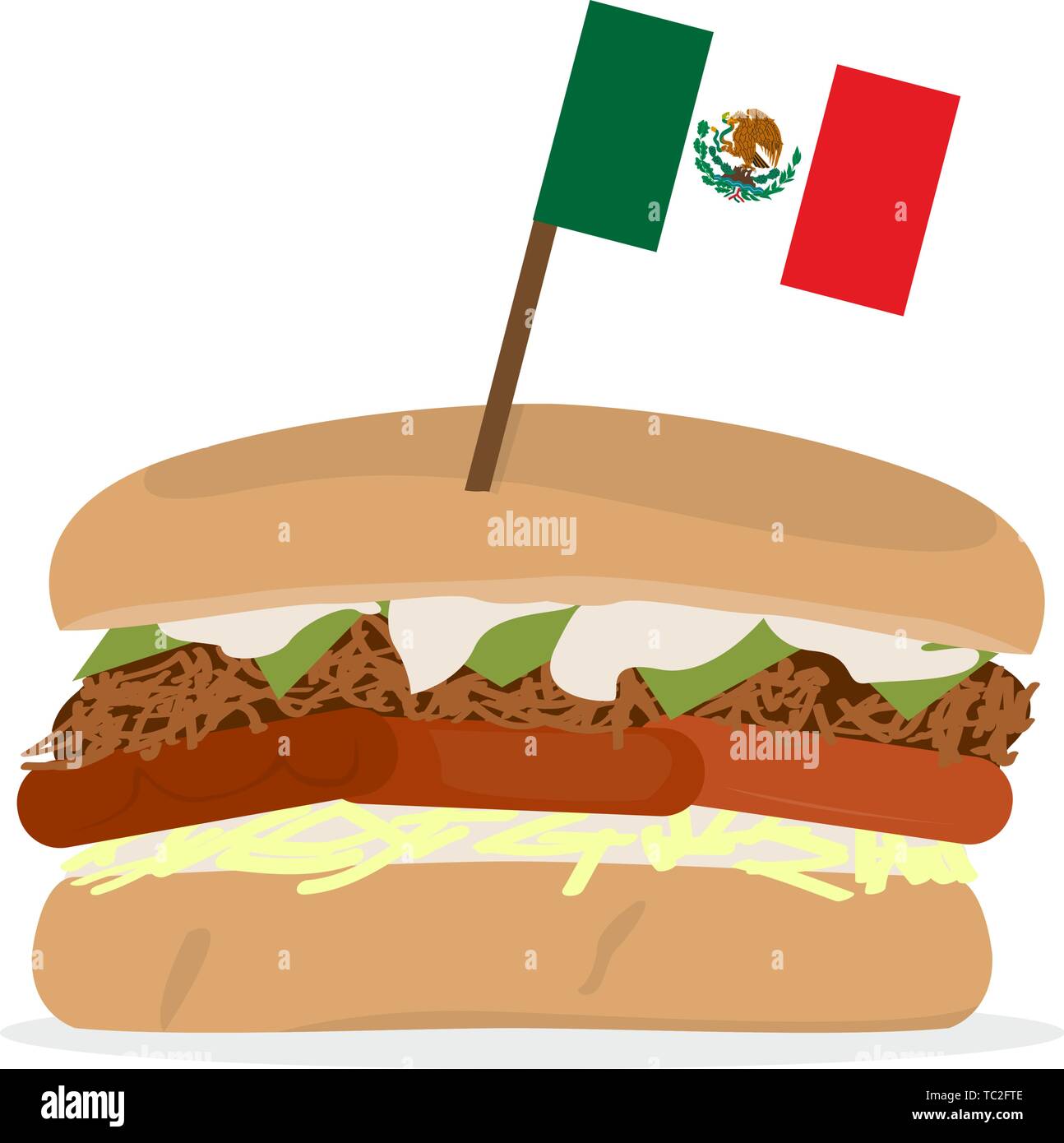 Ham and cheese sandwich with a flag. Traditional mexican food - Vector Stock Vector