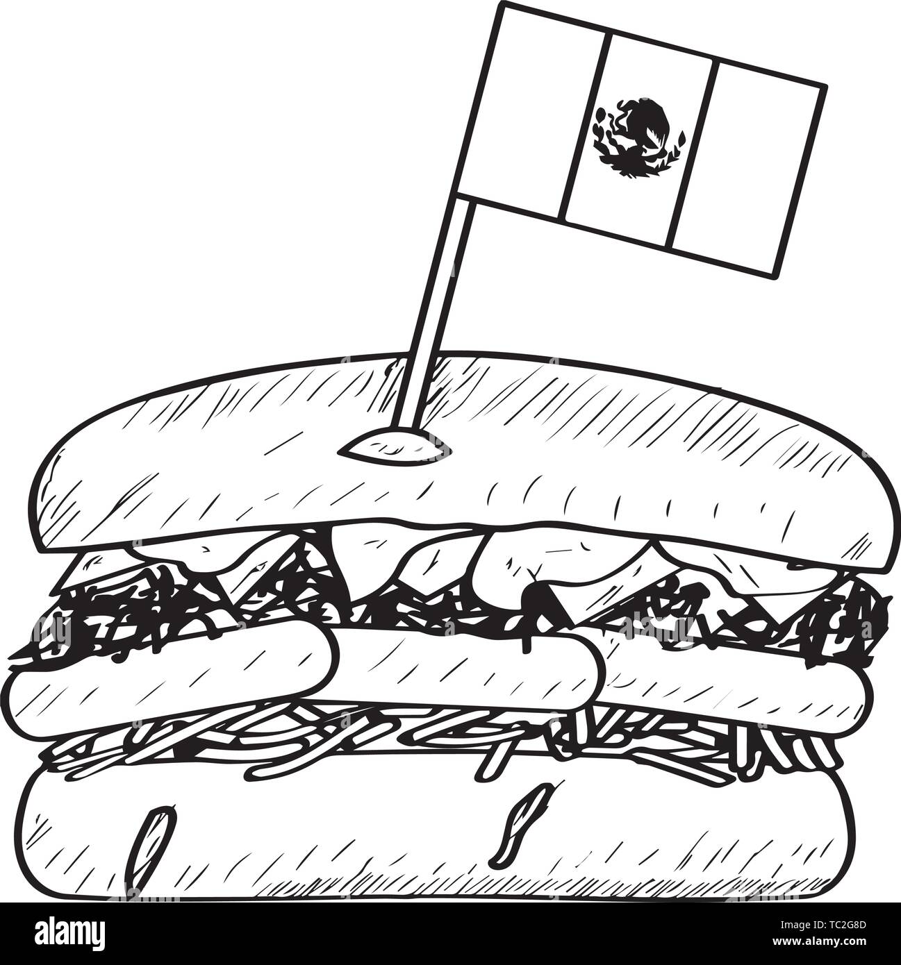 Ham and cheese sandwich with a flag. Traditional mexican food - Outline Vector Stock Vector