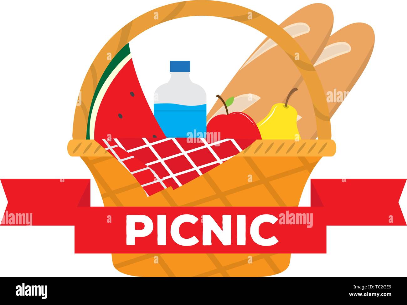 Picnic basket with water bottle, bread and fruits - Vector Stock Vector ...