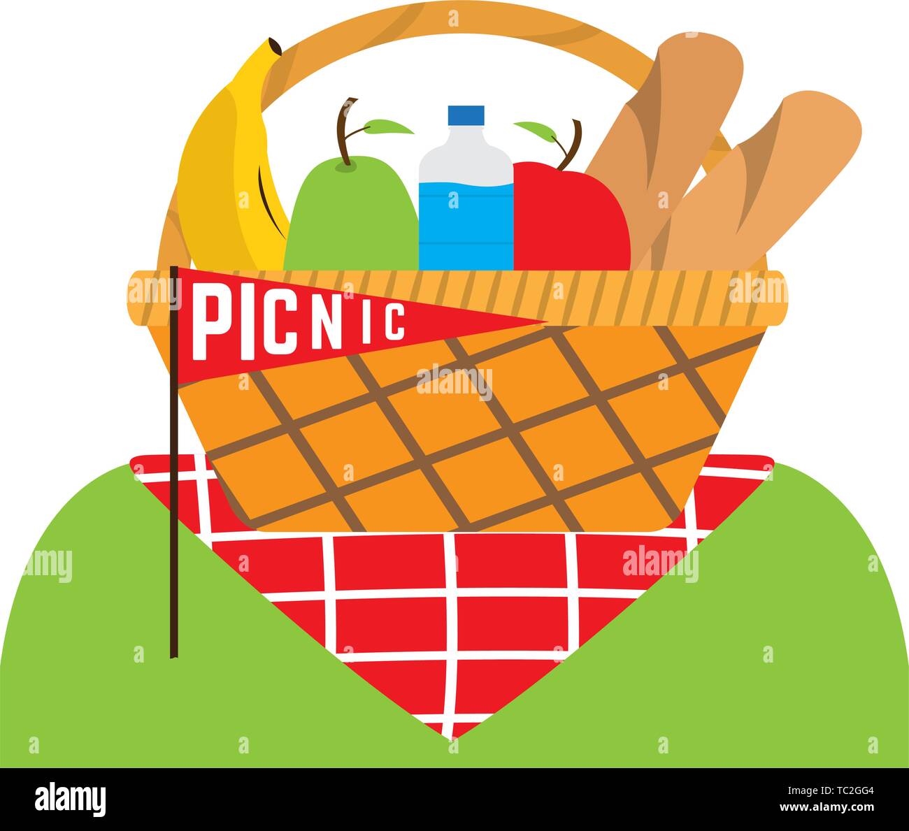 Picnic basket with water bottle, bread and fruits - Vector Stock Vector ...