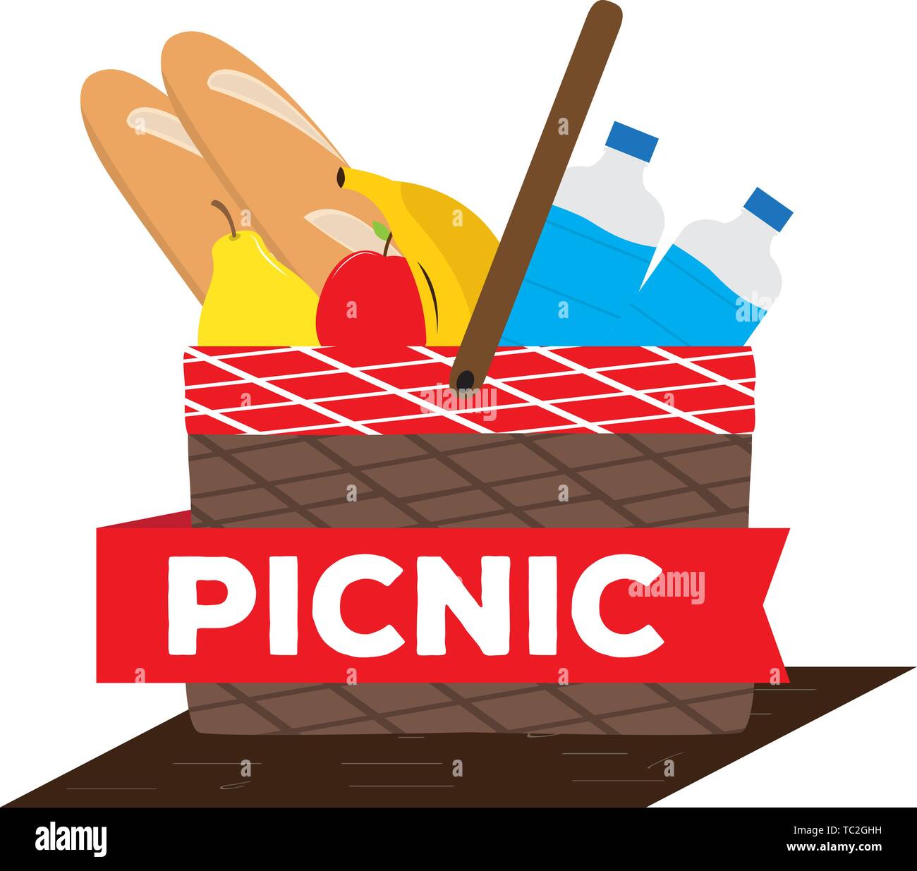 Picnic basket with water bottle, bread and fruits - Vector Stock Vector ...
