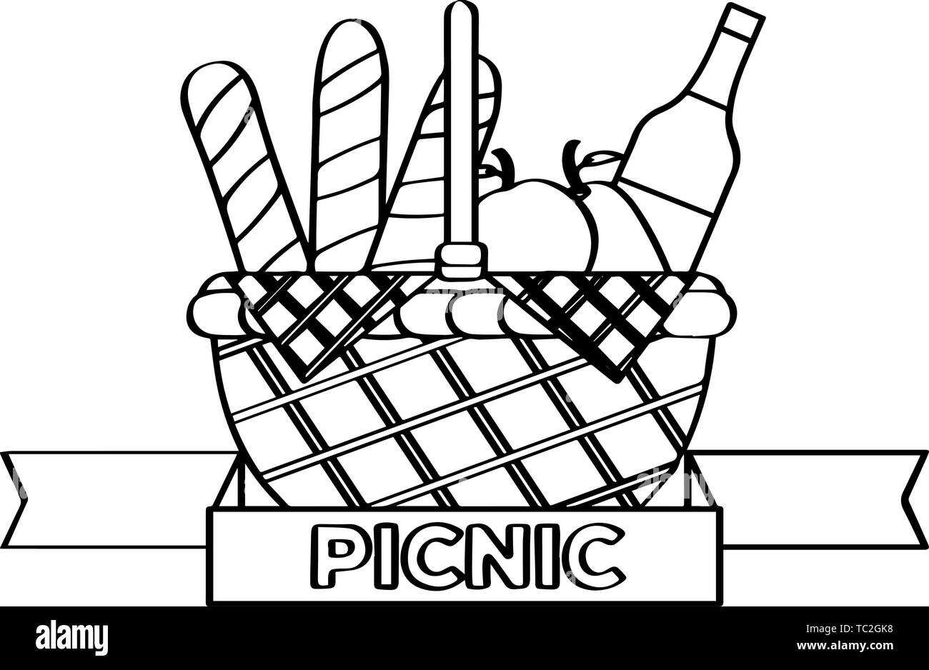 Picnic basket wit a wine bottle, fruits and bread Outline Vector