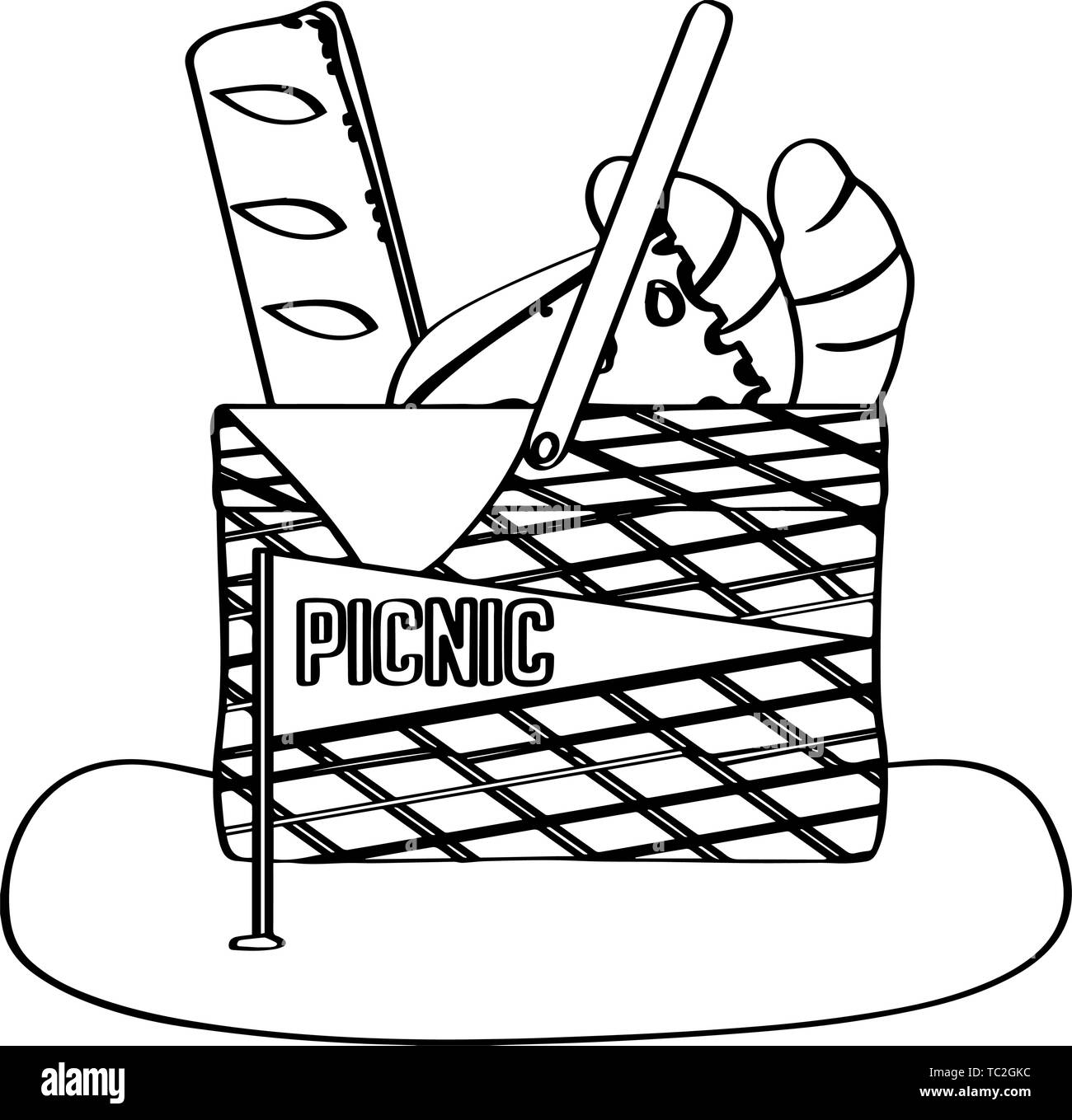 Isolated picnic basket with breads inside Outline Vector Stock Vector