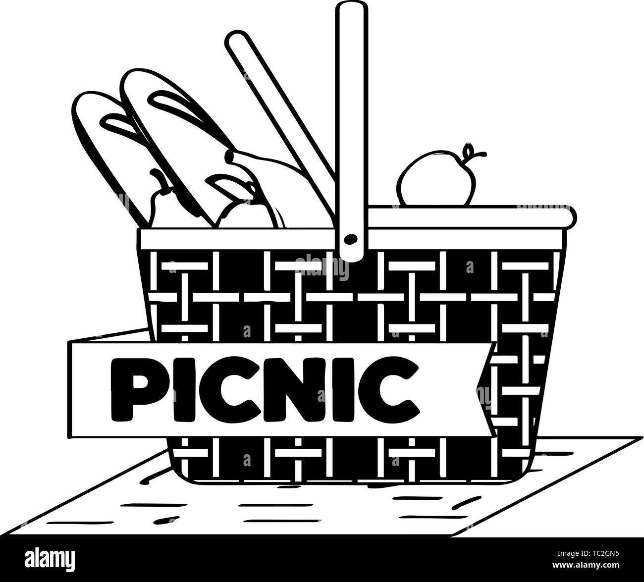 Picnic basket with breads and fruits Outline Vector Stock Vector